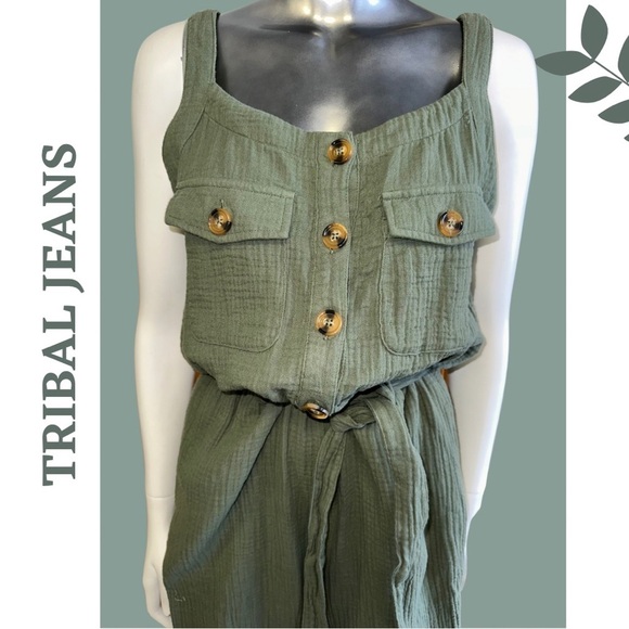 Tribal Crinkle Gauze Jumpsuit Button Front Tie Waist Fern Green Size XS - Picture 7 of 9